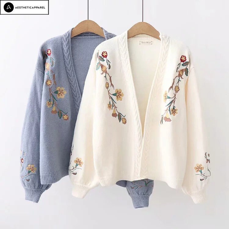 Floral Embroidered Cardigan Flower Knitted Cardigan Vintage - Etsy