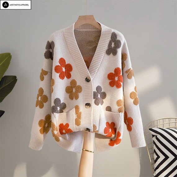 Flower Cardigan Beige Knitted Sweater Floral Pattern - Etsy