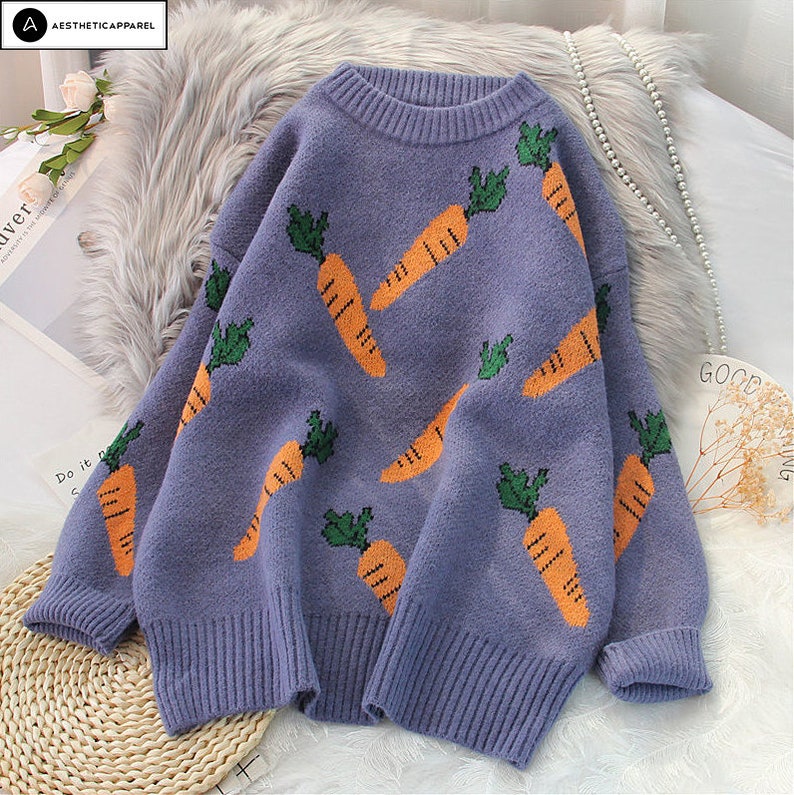 Carrot Knitted Sweater Vegetable Pattern Sweater Harajuku Etsy