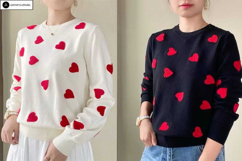 Embroidered Heart Sweater Minimalistic Knitted Sweater Heart Etsy