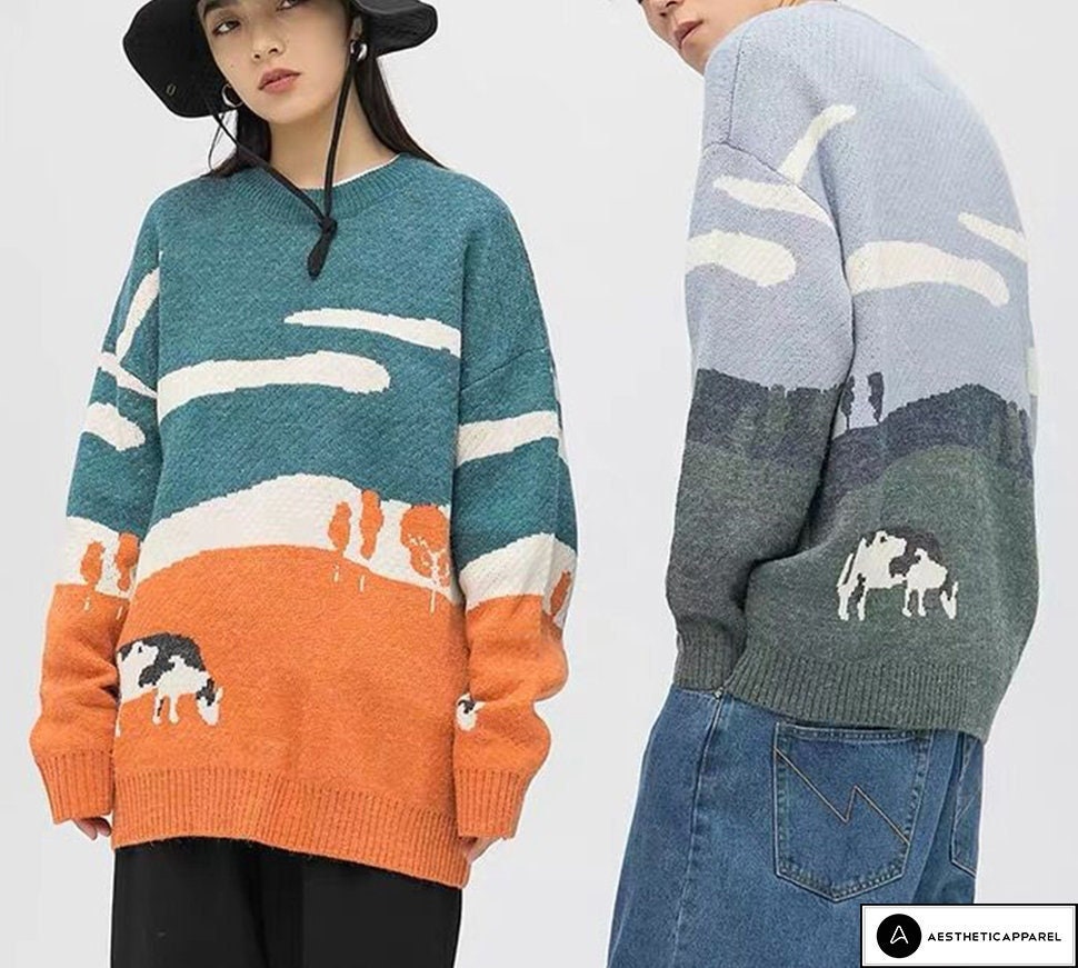 Cow Sweater Animal Print Knitted 