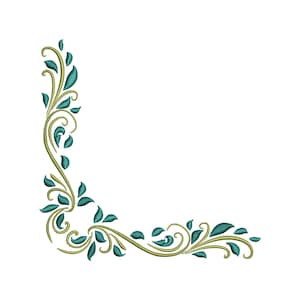Puede incluir: Un diseño de esquina con hojas de color turquesa y vides arremolinadas en color dorado. El diseño está sobre un fondo blanco. Este diseño de bordado floral es adecuado para varios proyectos de manualidades.