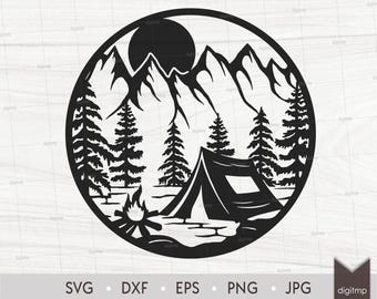 Camping, Eld, Tält i Berg Laserskuren Mall: Livsstilsscen (SVG, DXF, Clipart)