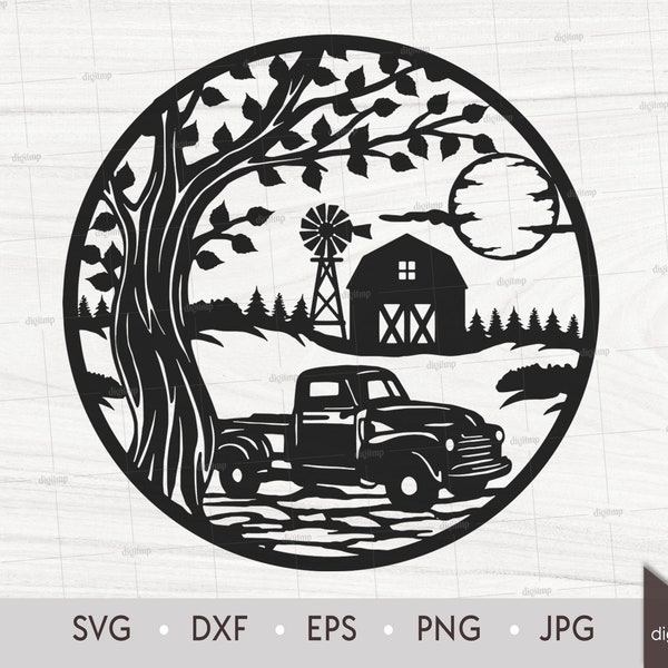Tree and Old Pickup Truck with Farm in Forest Scene. Laser Cut Template. Nature Scene. SVG files Silhouette. Instant Download Digital File