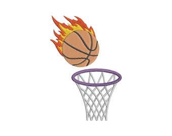 Könnte beinhalten: Eine Stickerei eines brennenden Basketballs mit orange, gelben und braunen Farben. Darunter befindet sich ein Basketballkorb mit einem lila Ring und einem weißen Netz. Das Design befindet sich auf weißem Hintergrund.