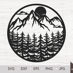 Sunset in Mountains with Pine Fir Forest Scene. Laser Cut Template. Nature Scene. SVG files. Digital Clipart. Instant Download Digital File