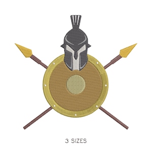 May include: Embroidered design of a Spartan helmet, shield, and crossed spears. The shield is gold with a central circle, the helmet is grey and white, and the spears have gold tips. The text "3 SIZES" is below the design.