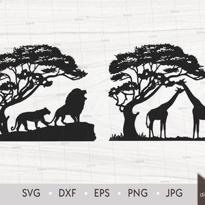 African Tree with Couple Lions and Giraffes. Laser Cut Template. Nature Safari Scene. SVG DXF Silhouette files. Clipart Digital File
