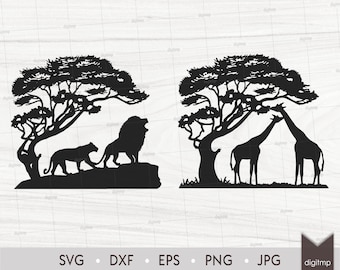 African Tree with Couple Lions and Giraffes Laser Cut Template: Nature Safari Scene (SVG, DXF, Clipart)