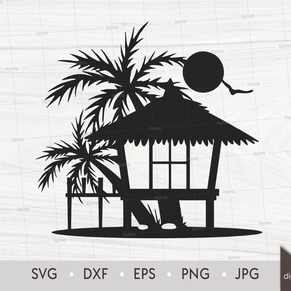 Palm Trees and Beach Bungalow on Sunset Scene. Laser Cut Template. Lifestyle Scene. SVG DXF Silhouette files. Clipart Digital File
