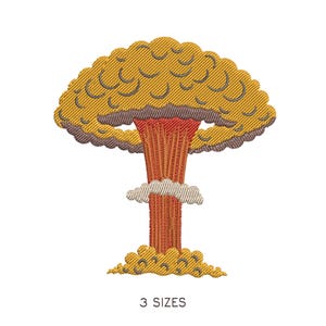 May include: Embroidered design of a mushroom cloud in shades of yellow, orange, and brown, with a white cloud at the base. The text "3 SIZES" is displayed below the design.