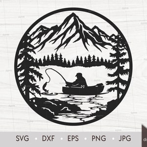 Pêche en bateau sur un lac de montagne avec forêt. Modèle découpé au laser. Scène de style de vie. Fichiers SVG silhouette. Fichier numérique à téléchargement immédiat
