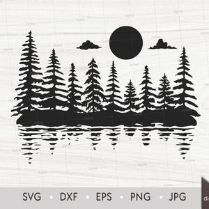 Foresta di abeti e pini Ombra sul lago e luna piena. Scena naturale tagliata al laser. File clipart SVG. Silhouette digitale. Download immediato del file digitale