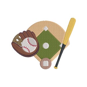 Op de afbeelding: Een geborduurde honkbalscène met een bruine honkbalhandschoen met een witte honkbal met rode stiksels. Een beige honkbalveld, een groen infield en een gele honkbalknuppel met een zwarte handgreep zijn ook aanwezig.
