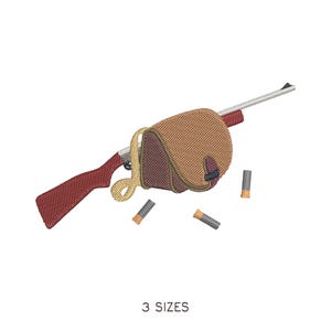 May include: An embroidered design featuring a rifle with a brown stock and silver barrel, a brown satchel, and several shotgun shells. The text "3 SIZES" is at the bottom.