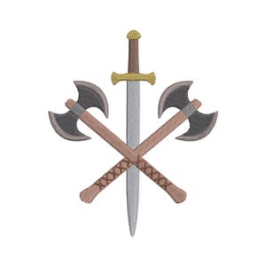 May include: An embroidery design featuring a vertical silver sword with a gold hilt centred behind two crossed battle axes. The axes have dark grey double blades and light brown wooden handles with a cross-hatched texture pattern.