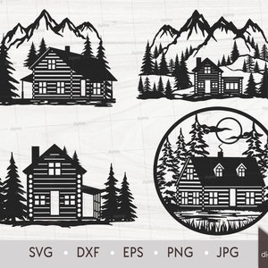 Wood Cabin in Forest and Mountains Set Laser Cut Template: Nature Scene (SVG, DXF, Clipart)