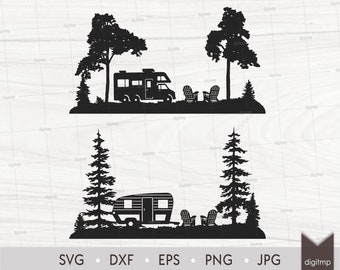 Camping Car, Trailer, Chairs in Forest Laser Cut Template: Nature Scene (SVG, DXF, Clipart)