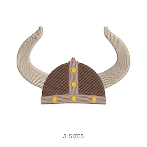 May include: Embroidered Viking helmet with curved horns in tan and brown. The helmet has a brown cap with tan trim and yellow accents. The text "3 SIZES" is below the helmet.