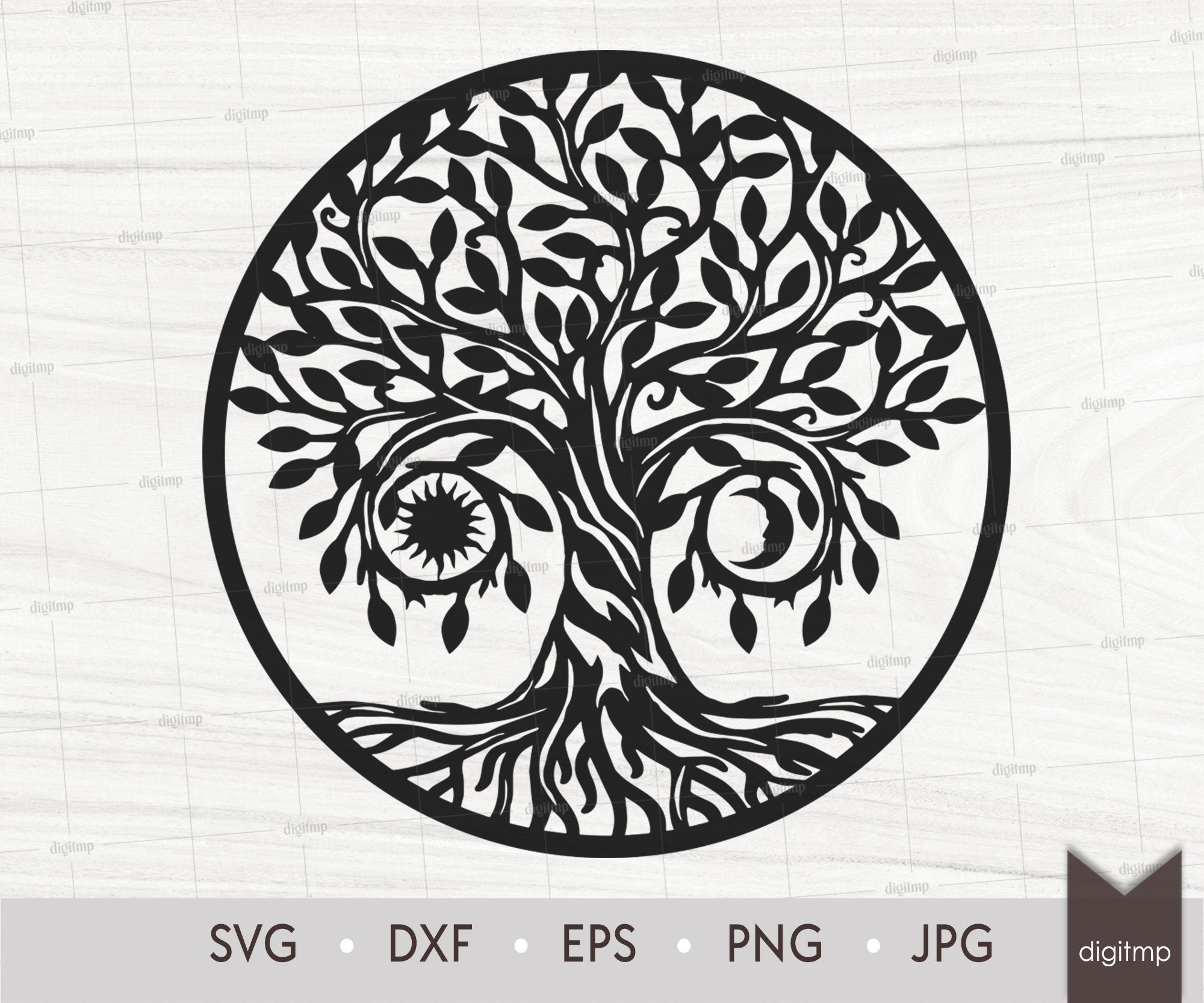 tree-of-life-with-sun-and-moon-tree-with-leaves-laser-cut-template-tree-of-life-trees-svg-dxf-silhouette-files-clipart-digital-file-etsy