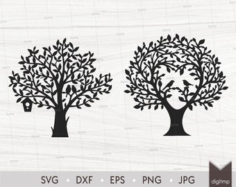 Tree with Birds and Birdhouse Laser Cut Template: Trees Scene (SVG, DXF, Clipart)