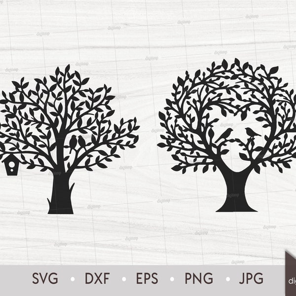 Tree with Birds. Love Tree. Tree with Birdhouse. Laser Cut Template. Tree of Life Trees. SVG DXF Silhouette files. Clipart Digital File