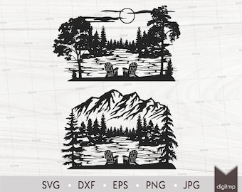 Chairs on Mountain Lake. Chairs on forest Lake Scene. Laser Cut Template. Lifestyle Scene. SVG DXF Silhouette files. Clipart Digital File