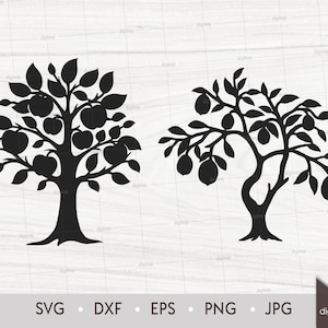 May include: Two black silhouette images of trees. The first tree is an apple tree with many apples on the branches. The second tree is a lemon tree with lemons on the branches.