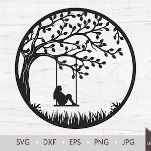 May include: Black and white silhouette of a tree with a person sitting on a swing. The tree is in a circle with grass at the bottom.