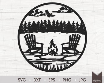 Forest Camping with Chairs and Fire Scene. Laser Cut Template. Lifestyle Scene. SVG DXF Silhouette files. Download Digital Clipart File