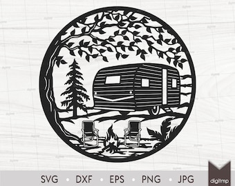 Tree with Camping Trailer and Chairs Laser Cut Template: Nature Scene (SVG, DXF, Clipart)