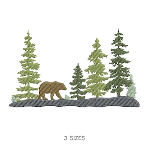 May include: An embroidered design featuring a brown bear walking through a forest of green pine trees. The design is set against a white background, with the text "3 SIZES" at the bottom.