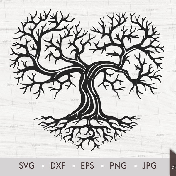 Branched Heart Tree with Roots without Leaves. Tree Wall Hanging. Laser Cut Template. SVG DXF Silhouette files. Clipart Digital File