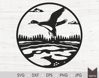 Flying Mallard Duck on Forest Lake Laser Cut Template: Birds Scene (SVG, DXF, Clipart)