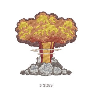May include: Embroidered patch featuring a stylized mushroom cloud explosion in shades of yellow, orange, brown, and gray. The design includes a detailed cloud formation with a central column and text that reads "3 SIZES".