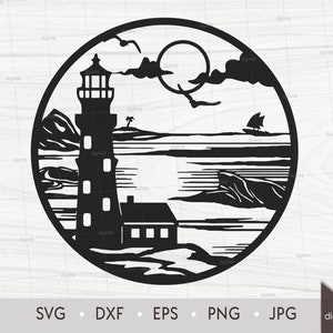 Leuchtturm und Haus am Meer Sonnenuntergang Szene. Laser Cut Vorlage. Lifestyle Szene. SVG-Dateien. Digitale Illustrationen. Sofortiger Download digitale Datei