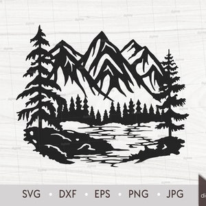 Foresta di pini e montagne Scena di lago. Modello tagliato al laser. Scena della natura. File SVG. Silhouette digitale. Download immediato del file digitale