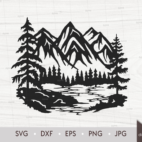 Forest Pine Trees and Mountains Lake Scene. Laser Cut Template. Nature Scene. SVG files. Digital Silhouette. Instant Download Digital File