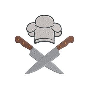 May include: An embroidered design featuring a chef's hat above two crossed knives. The hat is light gray with a dark gray outline. The knives have silver blades and brown handles with three rivets each. The design is on a white background.