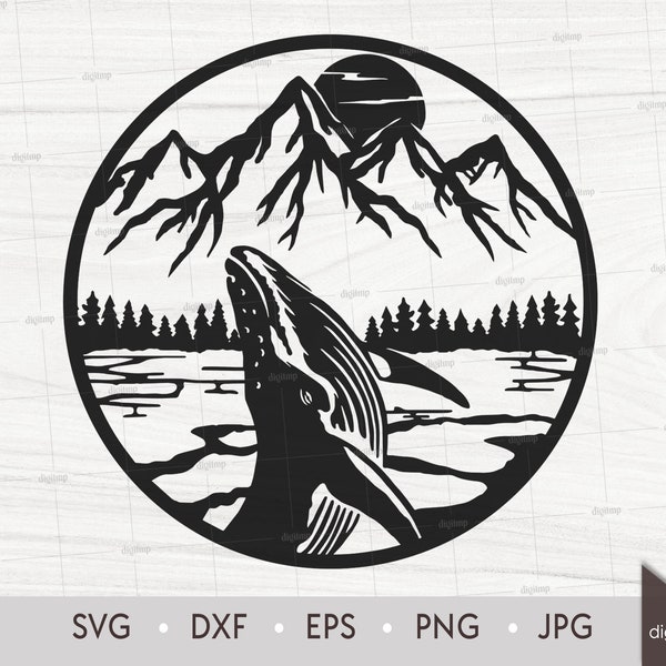 Jumping Humpback Whale in Mountains Scene. Laser Cut Template. Wildlife Scene. SVG files. Digital Clipart. Instant Download Digital File