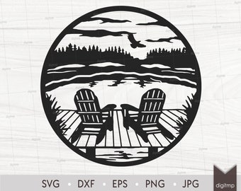 Forest with Chairs Dock on Lake Scene Twinni. Laser Cut Template. Lifestyle Scene. SVG files. Digital Clipart. Instant Download Digital File