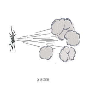 May include: An embroidered design featuring a stylized explosion with gray clouds and radiating lines emanating from a central point. The text "3 SIZES" is displayed below the design.