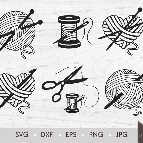 Knitting Elements Set. Scissors Thread Spool Knitting Balls Heart. Laser Cut Template. SVG DXF Silhouette files. Clipart Digital File