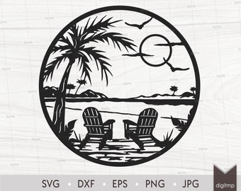 May include: Black and white silhouette of a beach scene with a palm tree, two lounge chairs, and a sun in the sky. The scene is in a circle.