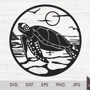May include: Black and white silhouette of a sea turtle swimming in the ocean. The turtle is in the centre of the image and is surrounded by waves. The sun is shining in the background.
