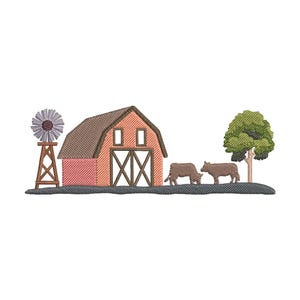 May include: Embroidered farm scene featuring a red barn with a brown roof and a windmill. Two brown cows graze near a green tree. The design is on a dark gray base, evoking a rural theme.