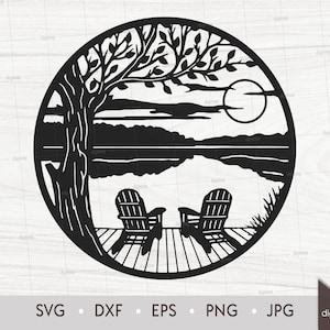 Tree with Chairs Dock on Lake Scene Sunset. Laser Cut Template. Lifestyle Scene. SVG files. Digital Clipart. Instant Download Digital File