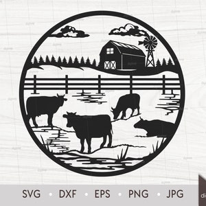Farm in Forest and Cows on Hill Scene. Laser Cut Template. Rustic Farm Scene. SVG files Silhouette. Instant Download Digital File