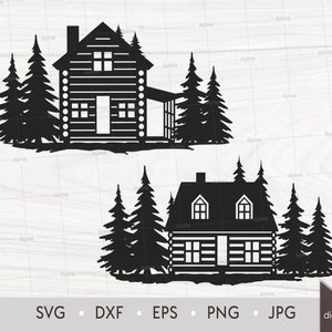 Wood Cabin in Pine, Fir Forest Laser Cut Template: Nature Scene (SVG, DXF, Clipart)