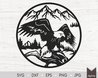 Eagle on Tree Branch in Mountains Laser Cut Template: Birds Scene (SVG, DXF, Clipart)